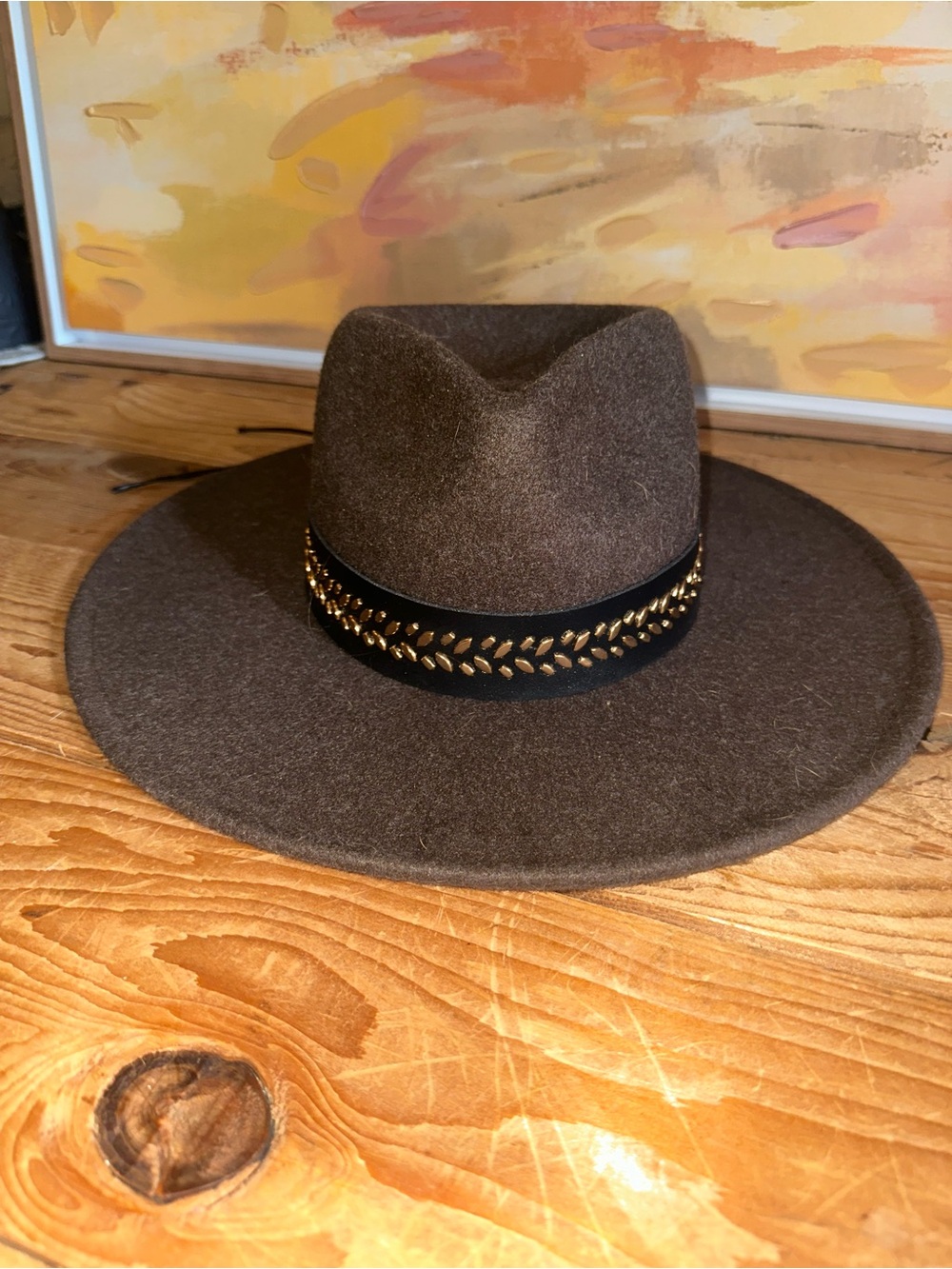 Melrose and Market Brown Wide Brim Fedora with Gold Leaf Band